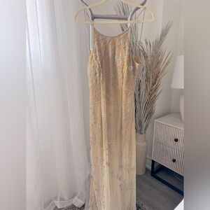 Gold Beaded Floor Length Laurence Kazar Backless Dress: Size 10